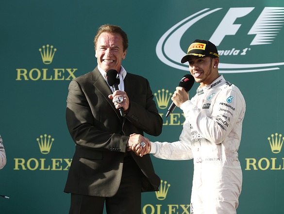 Lewis sharing a laugh with Arnie on the podium following his Australian GP win.Lewis: "I thought you were taller," Schwarzenegger: "I'm not wearing my high heels."Arnie was performing the post-race interviews on the podium at Albert Park.&nbsp;