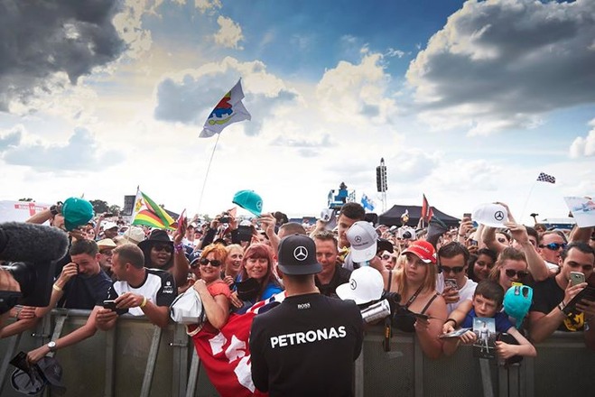 Race day. It's a bit cloudy and cool, but I'm feeling good. Love seeing the support here, thank you! Where are you tuning in from today?? Let me know!! #TeamLH #BritishGP Silverstone MERCEDES AMG PETRONAS